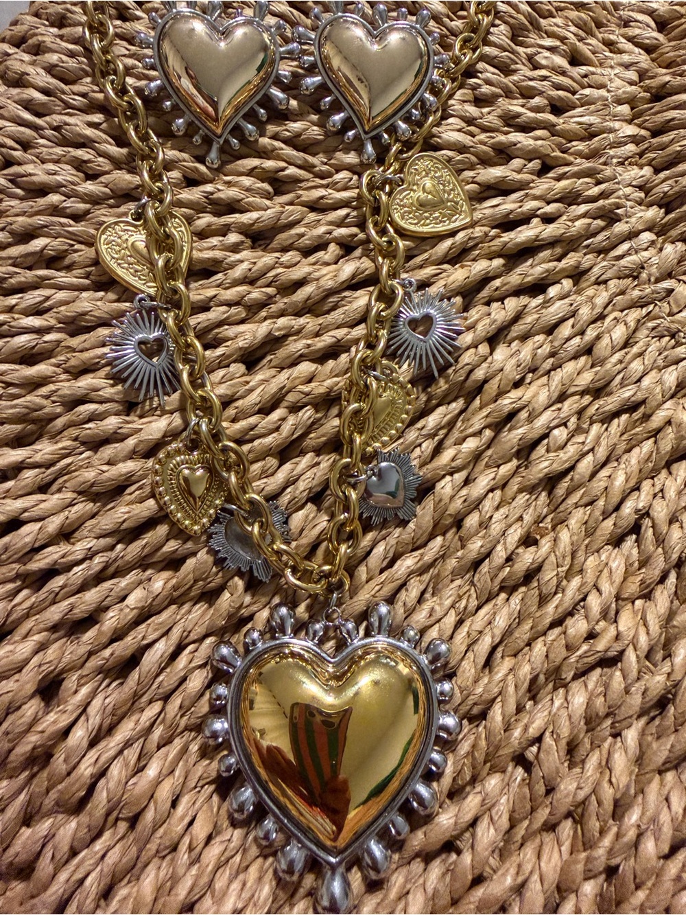 Gold and Silver Heart Charm Necklace & Earrings- Women Jewelry